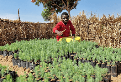 A smiling person giving a thumbs up while sitting behind hundreds of green tree saplings representing our commitment to protect the planet by planting forests for every event booking
