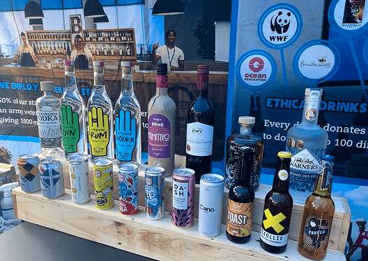 The ethical drinks line-up along the back bar at the Earthfest event