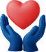 A three dimensional icon of two blue hands holding a large red heart representing the various charities supported by our ethical event bar hire services