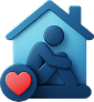 A three dimensional icon of a person sitting safely inside a blue house next to a red heart representing our commitment to employing vulnerable staff and people experiencing homelessness