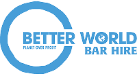 The blue Better World Bar Hire logo featuring a globe and the text planet over profit representing our sustainable event bar hire services Awards Alt Text: