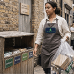 A graphic displaying the text zero to land fill next to a photo of a staff member carrying a clear bag of recyclable waste representing our commitment to recycling
