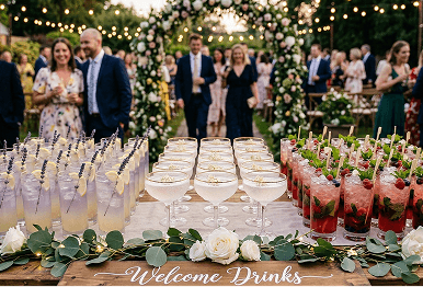 A wooden bar top displaying rows of colourful purple lavender cocktails and red mint cocktails decorated with fresh flowers representing our sustainable wedding welcome drinks service