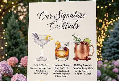 An elegant white sign on an easel displaying illustrated images and descriptions for three signature wedding cocktails designed around the couples memories representing our bespoke menu curations