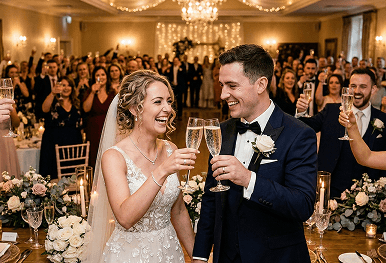 A joyful bride and groom raising their champagne glasses to toast each other at a crowded wedding reception dinner representing our friendly expert evening bar service