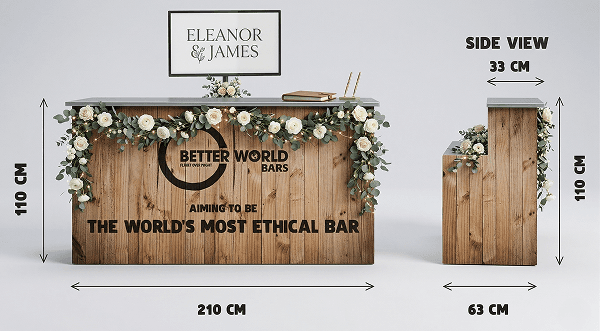A detailed visual mockup displaying the front and side view measurements of our versatile rustic wedding bar decorated with white roses and greenery helping couples plan their perfect reception layout