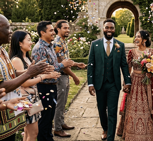 A joyful newly married couple in beautiful elegant wedding attire walking together as guests throw colourful confetti representing a five star review for our boutique wedding drinks cart and professional logistics from Amrika and Ross READY TO RAISE A GLASS?